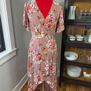 Azalosie Floral Midi Dress Brown Pink Red Wrap Style Short Sleeve Size M
